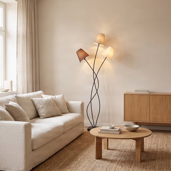 Lampa stojąca Melis Lindby, kremowy / amber, salon / jadalnia, tkanina / materiał / jedwab, nowoczesny