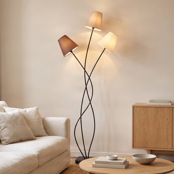 Lampa stojąca Melis Lindby, kremowy / amber, salon / jadalnia, tkanina / materiał / jedwab, nowoczesny
