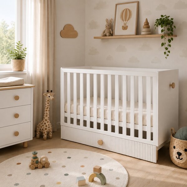 Zestaw mebli niemowlęcych Cozy LOFT Baby biały – łóżeczko, komoda, szafa, szafka