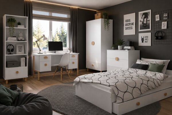 Zestaw mebli młodzieżowych Cozy LOFT Junior biały - szafa, regał, komoda, biurko
