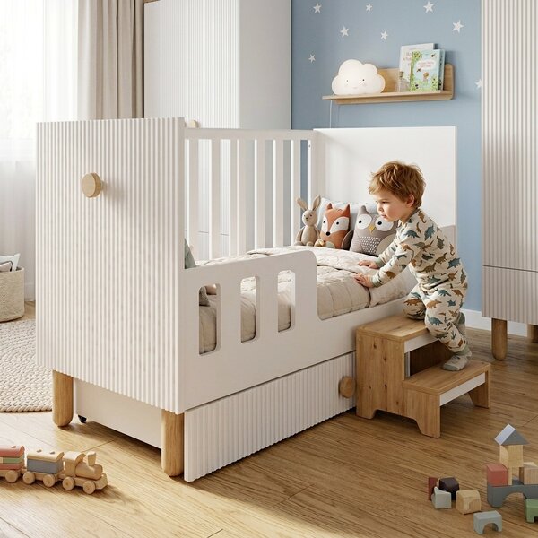 Zestaw mebli niemowlęcych Cozy LOFT Baby biały – łóżeczko, komoda, szafa, szafka