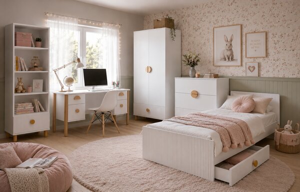 Zestaw mebli młodzieżowych Cozy LOFT Young biały - Łóżko 200x90, szafa, regał, komoda, biurko
