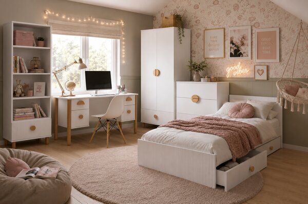 Zestaw mebli młodzieżowych Cozy LOFT Young biały - Łóżko 160x80, szafa, regał, komoda, biurko