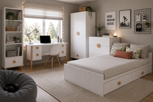 Zestaw mebli młodzieżowych Cozy LOFT Young biały - Łóżko 200x90, szafa, regał, komoda, biurko