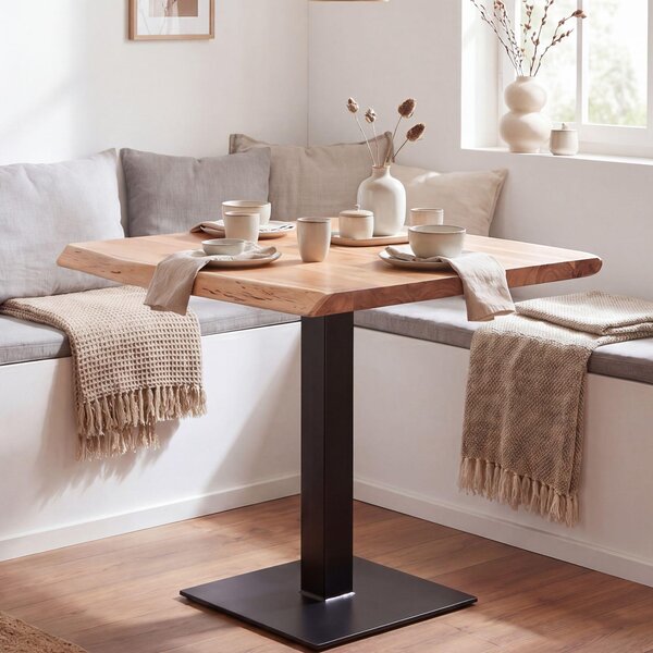 FineBuy Stół do jadalni kwadratowy 80 cm z litego drewna akacjowego z naturalną krawędzią – industrialny stół do jadalni z litego drewna – stół kuchenny – stół bistro z naturalną krawędzią