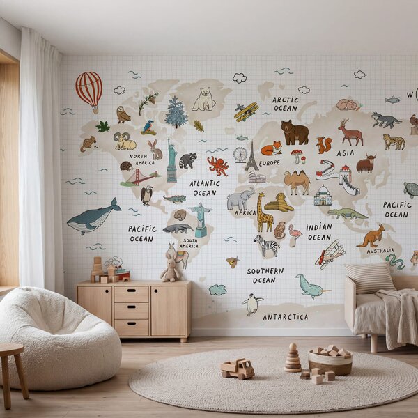 Fototapeta Mapa świata ze zwierzętami, Fototapety z mapami świata, Popularne Fototapety, w04011 - Tapeko.pl
