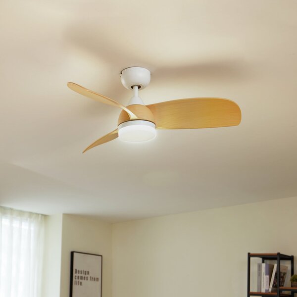 Wentylator sufitowy LED Enon, biały/w kolorze drewna, DC, cichy – Lindby Lindby, Enon, ściemnialny, biały, salon, metal, nowoczesny