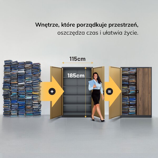 Szafa biurowa metalowa na akta, szeroka, antracyt/orzech, 1150x1850x400 mm: JAN II Eco Design