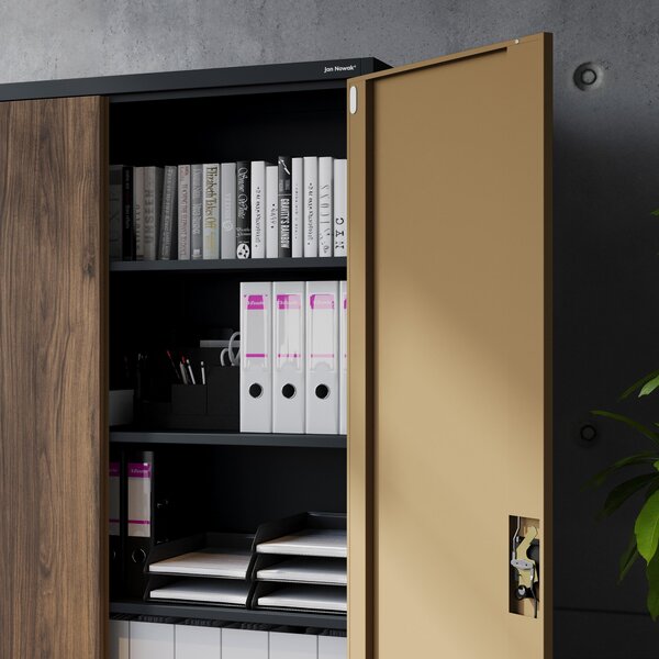 Szafa biurowa metalowa na akta, szeroka, antracyt/orzech, 1150x1850x400 mm: JAN II Eco Design