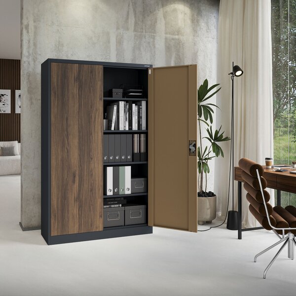 Szafa biurowa metalowa na akta, szeroka, antracyt/orzech, 1150x1850x400 mm: JAN II Eco Design