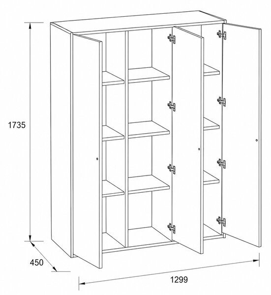 Szafka biurowa FRAME, 3x drzwi, 1299 x 450 x 1735 mm, PUSH-lock, brzoza