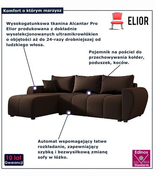 Brązowy narożnik L z funkcją spania S5-S90