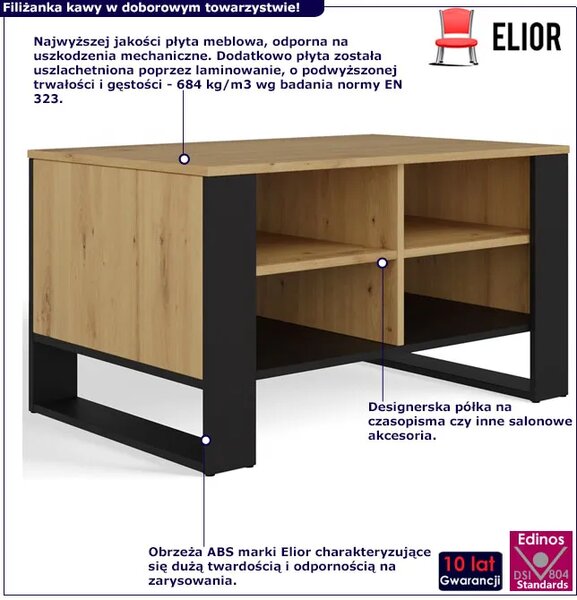 Stolik kawowy nowoczesny z półkami dąb artisan + czarny D2-E90
