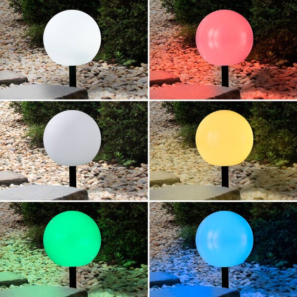Lampy solarne LED Lindby Lago, RGBW, zestaw 3, kule, szpikulec do podłoża Lago, biały / opal, tworzywo sztuczne, nowoczesny