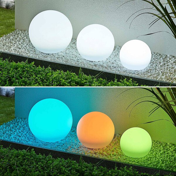 Lampy solarne LED Lindby Lago, RGBW, zestaw 3, kule, szpikulec do podłoża Lago, biały / opal, tworzywo sztuczne, nowoczesny