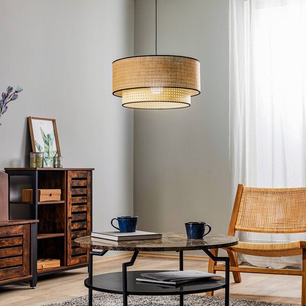 Lampa wisząca Boho Duolla, możliwość ściemniania, jasne drewno, salon / jadalnia, tkanina / materiał / jedwab, dworkowy / rustykalny