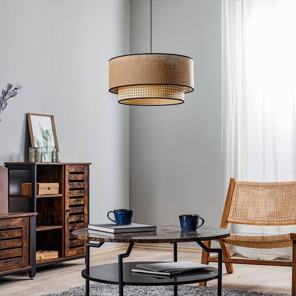 Lampa wisząca Boho Duolla, możliwość ściemniania, jasne drewno, salon / jadalnia, tkanina / materiał / jedwab, dworkowy / rustykalny