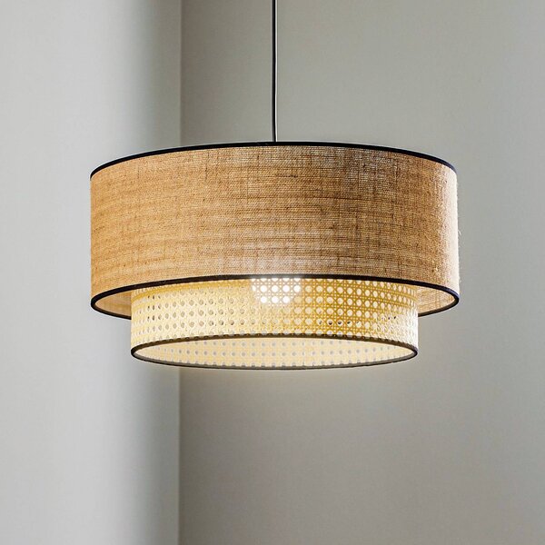 Lampa wisząca Boho Duolla, możliwość ściemniania, jasne drewno, salon / jadalnia, tkanina / materiał / jedwab, dworkowy / rustykalny