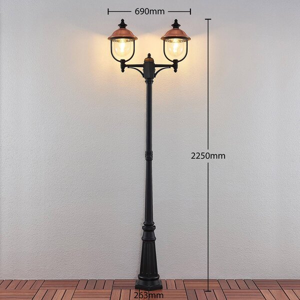 Lampa zewnętrzna Lindby Clint, 225cm, 2-punktowa, odporność na działanie wody Clint Lindby, możliwość ściemniania, miedziany, aluminium, vintage