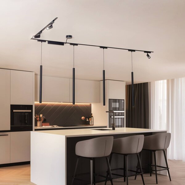System szynowy Lumaro,spoty,lampa wisząca,7-punktowa,czarny,48V,ściemniany Lumaro 48V Lindby, możliwość ściemniania, czarny, salon / jadalnia, aluminium, nowoczesny