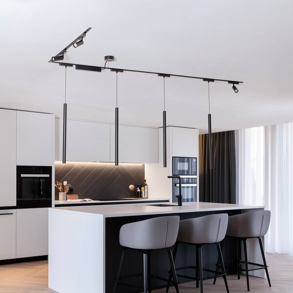 System szynowy Lumaro,spoty,lampa wisząca,7-punktowa,czarny,48V,ściemniany Lumaro 48V Lindby, możliwość ściemniania, czarny, salon / jadalnia, aluminium, nowoczesny
