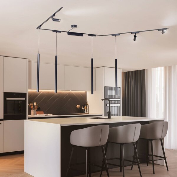 System szynowy Lumaro,spoty,lampa wisząca,7-punktowa,czarny,48V,ściemniany Lumaro 48V Lindby, możliwość ściemniania, czarny, salon / jadalnia, aluminium, nowoczesny