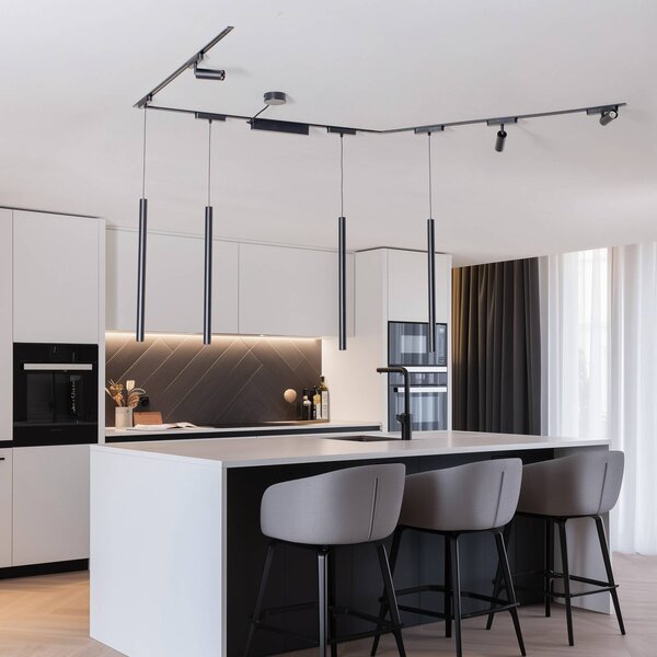 System szynowy Lumaro,spoty,lampa wisząca,7-punktowa,czarny,48V,ściemniany Lumaro 48V Lindby, możliwość ściemniania, czarny, salon / jadalnia, aluminium, nowoczesny