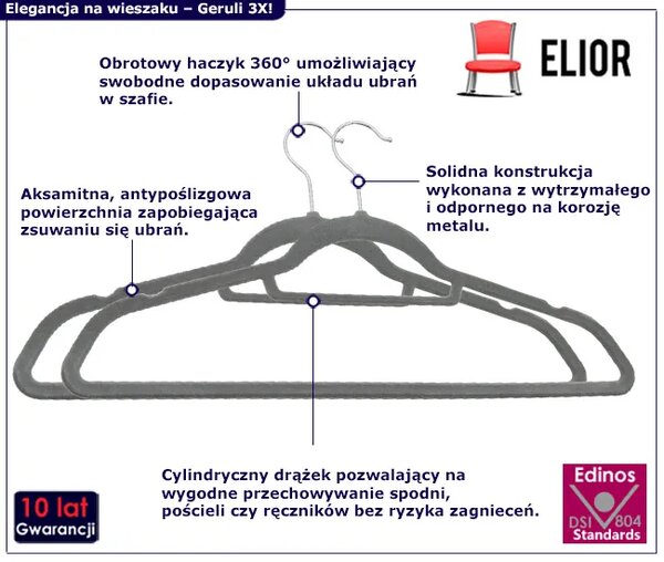 Zestaw 20 szt. aksamitnych szarych wieszaków F3-D65