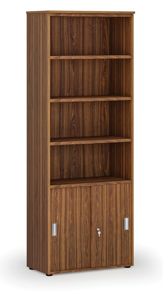 Szafa biurowa kombinowana PRIMA WOOD, drzwi przesuwne na 2 poziomach, 800 x 420 x 2128 mm, orzech