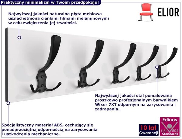 Wieszak z 5 haczykami do garderoby biel alpejska + czarny E5-F16