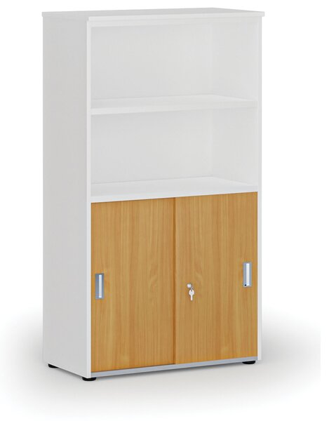 Szafa biurowa kombinowana PRIMO WHITE, drzwi przesuwne na 2 poziomach, 800 x 420 x 1434 mm, biały/buk