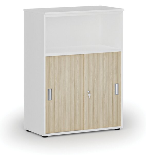 Szafa biurowa kombinowana z drzwiami przesuwnymi PRIMO WHITE, 800 x 420 x 1087 mm, biały/dąb naturalny