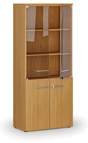 Szafa biurowa kombinowana PRIMO WOOD z drzwiami drewnianymi i szklanymi, 800 x 420 x 1781 mm, buk