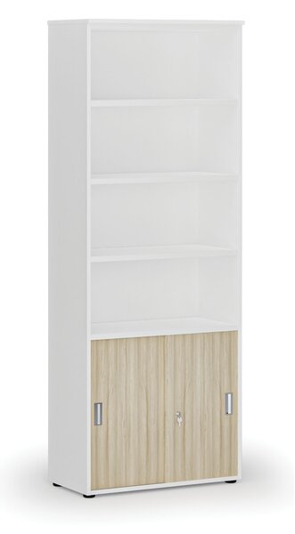 Szafa biurowa kombinowana PRIMA WHITE, drzwi przesuwne na 2 poziomach, 800 x 420 x 2128 mm, biały/dąb naturalny
