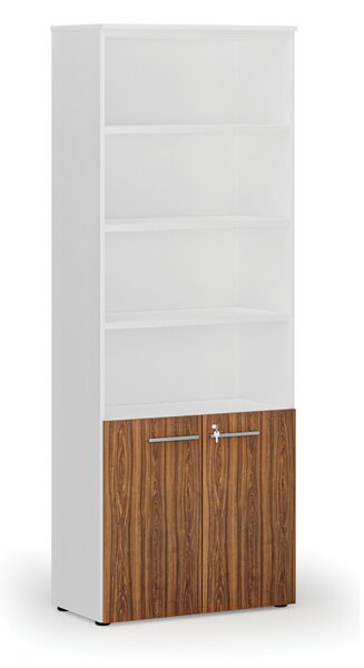 Szafa biurowa kombinowana PRIMA WHITE, drzwi na 2 poziomach, 800 x 420 x 2128 mm, biały/orzech