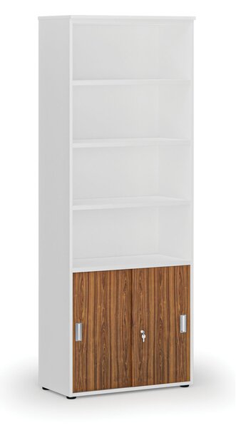 Szafa biurowa kombinowana PRIMO WHITE, drzwi przesuwne na 2 poziomach, 800 x 420 x 2128 mm, biały/orzech