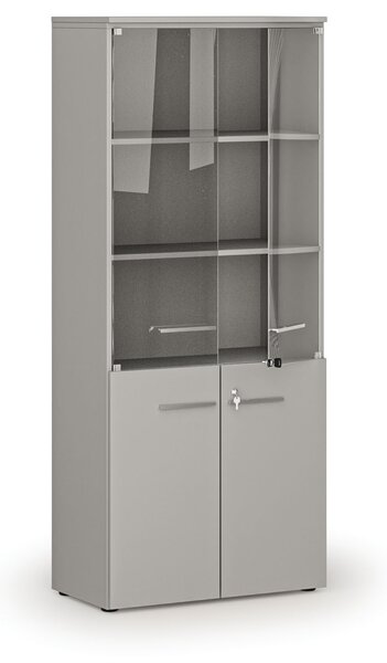 Szafa biurowa kombinowana PRIMO GRAY z drzwiami drewnianymi i szklanymi, 800 x 420 x 1781 mm, szary