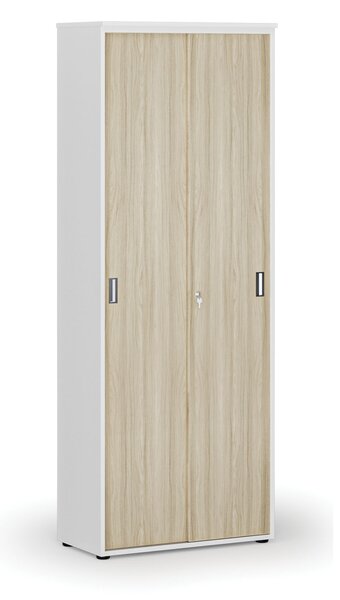 Szafa biurowa z drzwiami przesuwnymi PRIMO WHITE, 800 x 420 x 2128 mm, biały/dąb naturalny