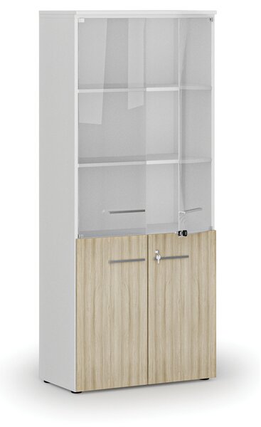 Szafa biurowa kombinowana PRIMO WHITE z drzwiami drewnianymi i szklanymi, 800 x 420 x 1781 mm, biały/dąb naturalny