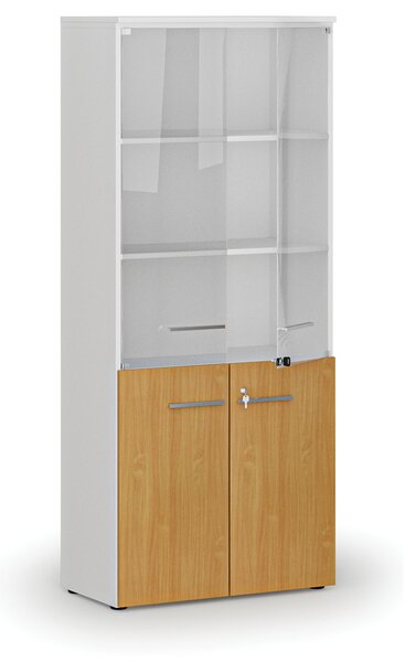 Szafa biurowa kombinowana PRIMO WHITE z drzwiami drewnianymi i szklanymi, 800 x 420 x 1781 mm, biały/buk