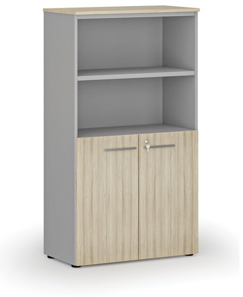Szafa biurowa kombinowana PRIMO GRAY, drzwi na 2 poziomach, 800 x 420 x 1434 mm, szary/dąb naturalny