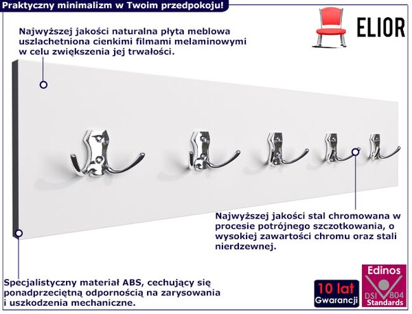 Minimalistyczny wieszak na kurtki biel alpejska + chrom - Dragan 5X