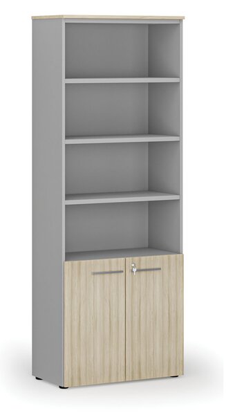 Szafa biurowa kombinowana PRIMO GRAY, drzwi na 2 poziomach, 800 x 420 x 2128 mm, szary/dąb naturalny