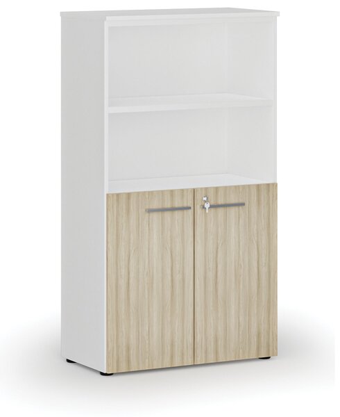 Szafa biurowa kombinowana PRIMO WHITE, drzwi na 2 poziomach, 800 x 420 x 1434 mm, biały/dąb naturalny