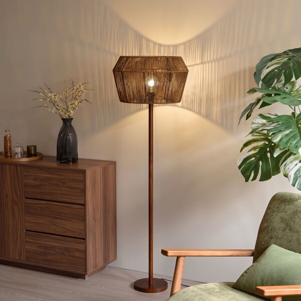 Lampa podłogowa drewno orzechowe z brązowym abażurem z papierowego sznurka 50/50/30 - Mels