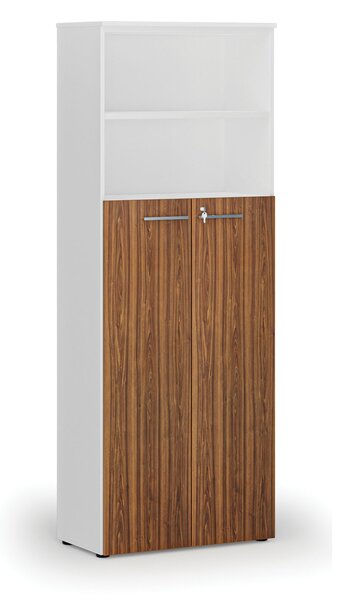 Szafa biurowa kombinowana PRIMA WHITE, drzwi na 4 poziomach, 800 x 420 x 2128 mm, biały/orzech