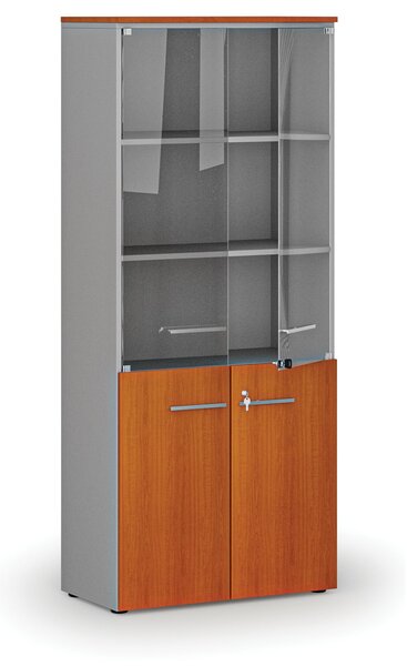 Szafa biurowa kombinowana PRIMO GRAY z drzwiami drewnianymi i szklanymi, 800 x 420 x 1781 mm, szary/wiśnia