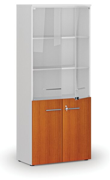 Szafa biurowa kombinowana PRIMO WHITE z drzwiami drewnianymi i szklanymi, 800 x 420 x 1781 mm, biały/wiśnia