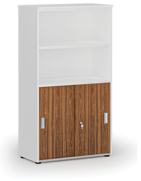 Szafa biurowa kombinowana PRIMO WHITE, drzwi przesuwne na 2 poziomach, 800 x 420 x 1434 mm, biały/orzech