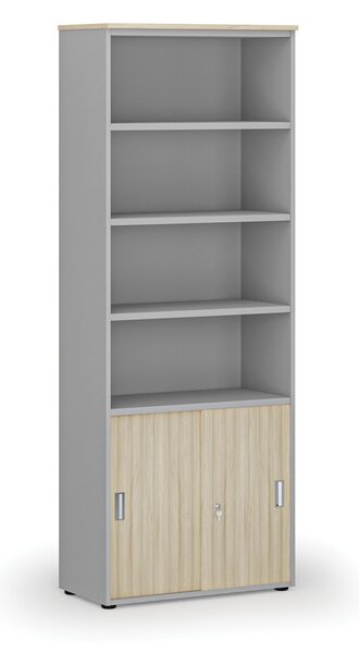 Szafa biurowa kombinowana PRIMO GRAY, drzwi przesuwne na 2 poziomach, 800 x 420 x 2128 mm, szary/dąb naturalny